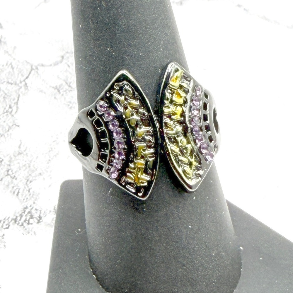 Purple Rhinestone Lime Enamel Ring Gunmetal Stainless Steel Ring 8.5